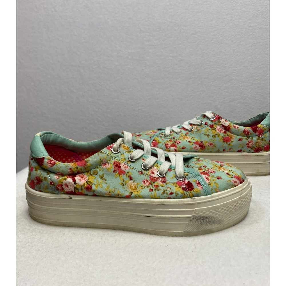 Shoedazzle‎ Floral Platform Sneakers Womens Size 7 Mint Green Rose Print Lace Up